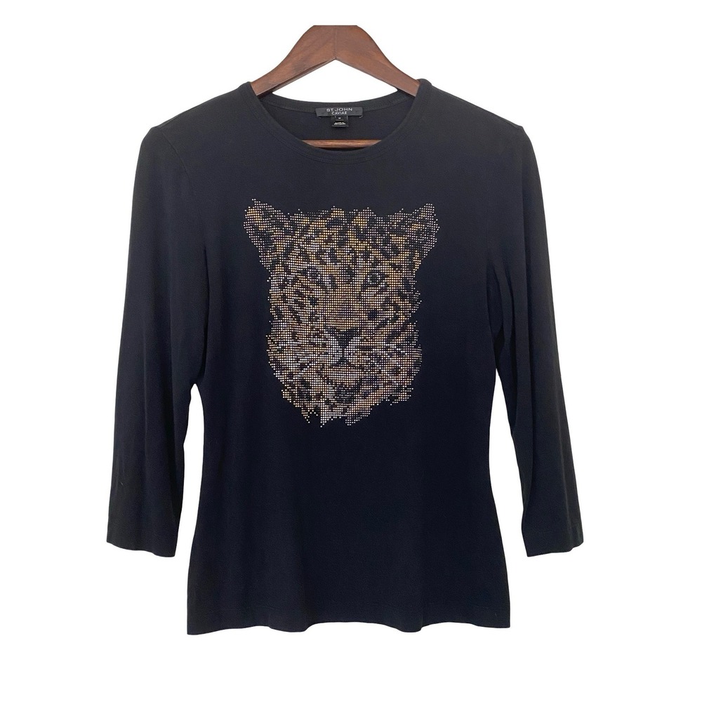 St. John Caviar Women Top M Black Leopard Studded Embellished 3/4 Sleeve Tee